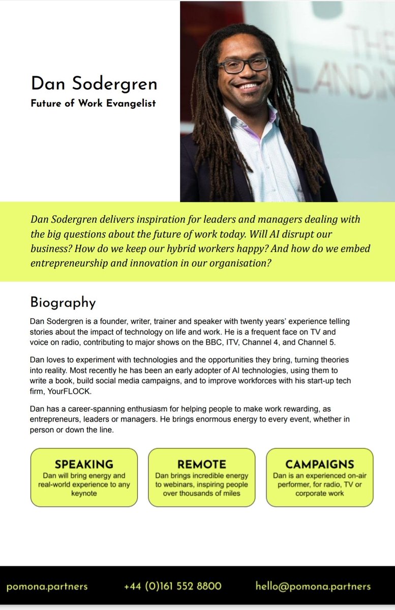Want a fun, experienced, inspirational #KeynoteSpeaker for your next big #event? Or #conference or #teambuilding day?

Or for someone to inspire your prospective clients around #technology and the #FutureOfWork? 

Find out more about what I do at...

pomona.partners/talent/Dan-Sod…