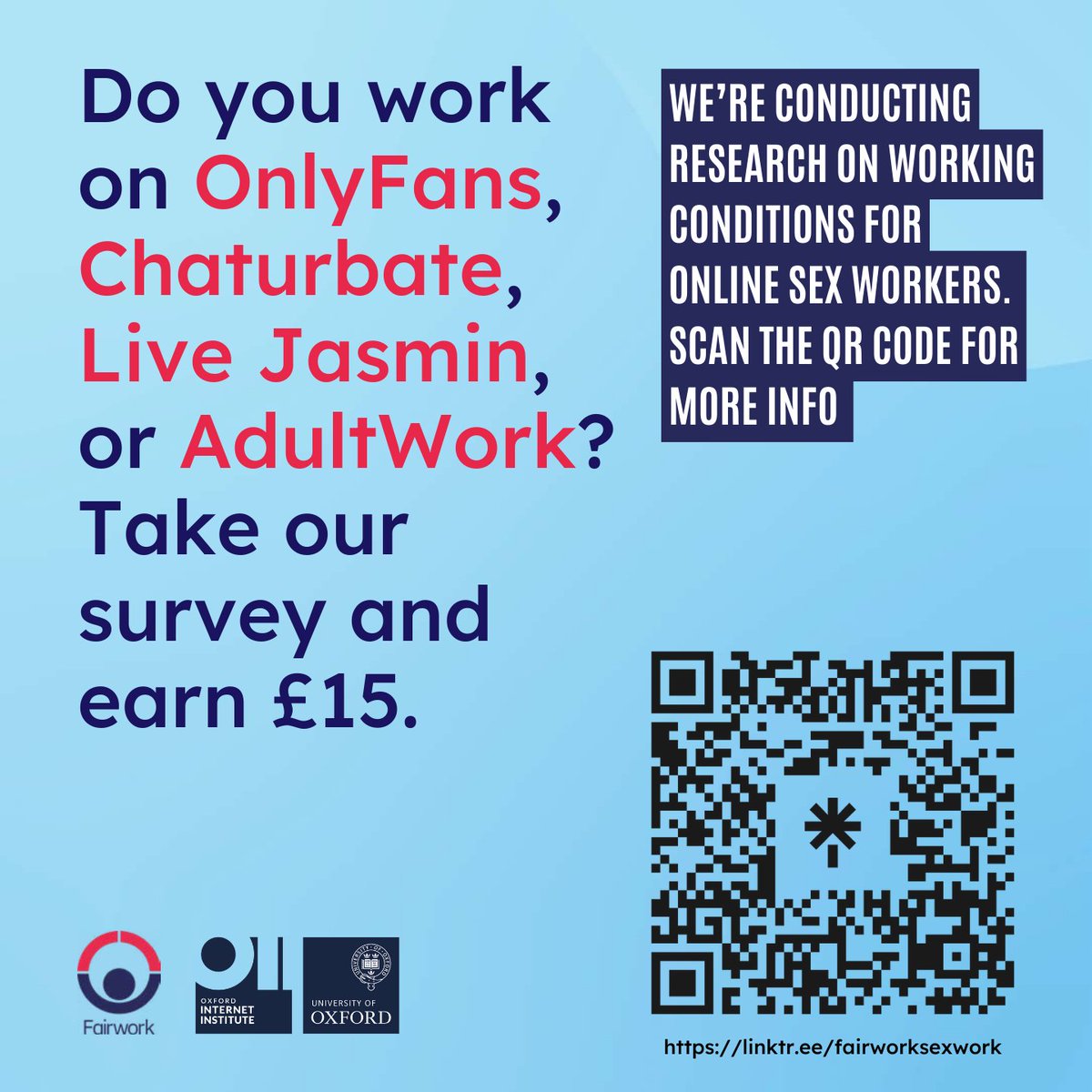 Do you work on #OnlyFans #Chaturbate #LiveJasmin or #AdultWork ? We’re conducting new research on working condition on these platforms and we want to hear from you. Find out more and take our survey here: linktr.ee/fairworksexwork