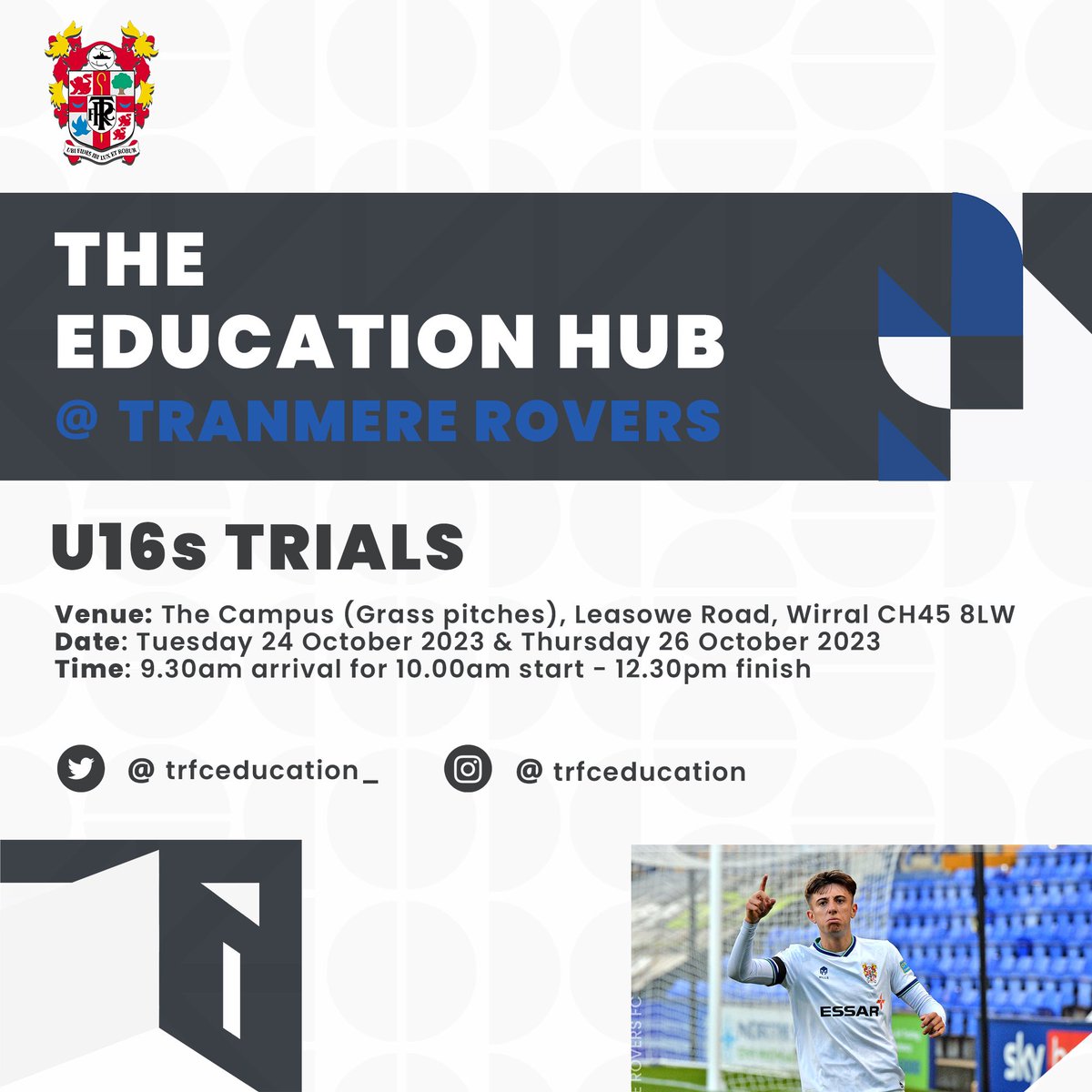 TranmereRovers's tweet photo. 🏃‍♂️Want to study at Tranmere Rovers and be in and around the first team environment?

We are hosting trials for U16s ahead of our September 2024 intake of students with @trfceducation_!

Sign up here - https://t.co/9gCiSkXKLn

#TRFC #SWA https://t.co/DBpCXGZgO9