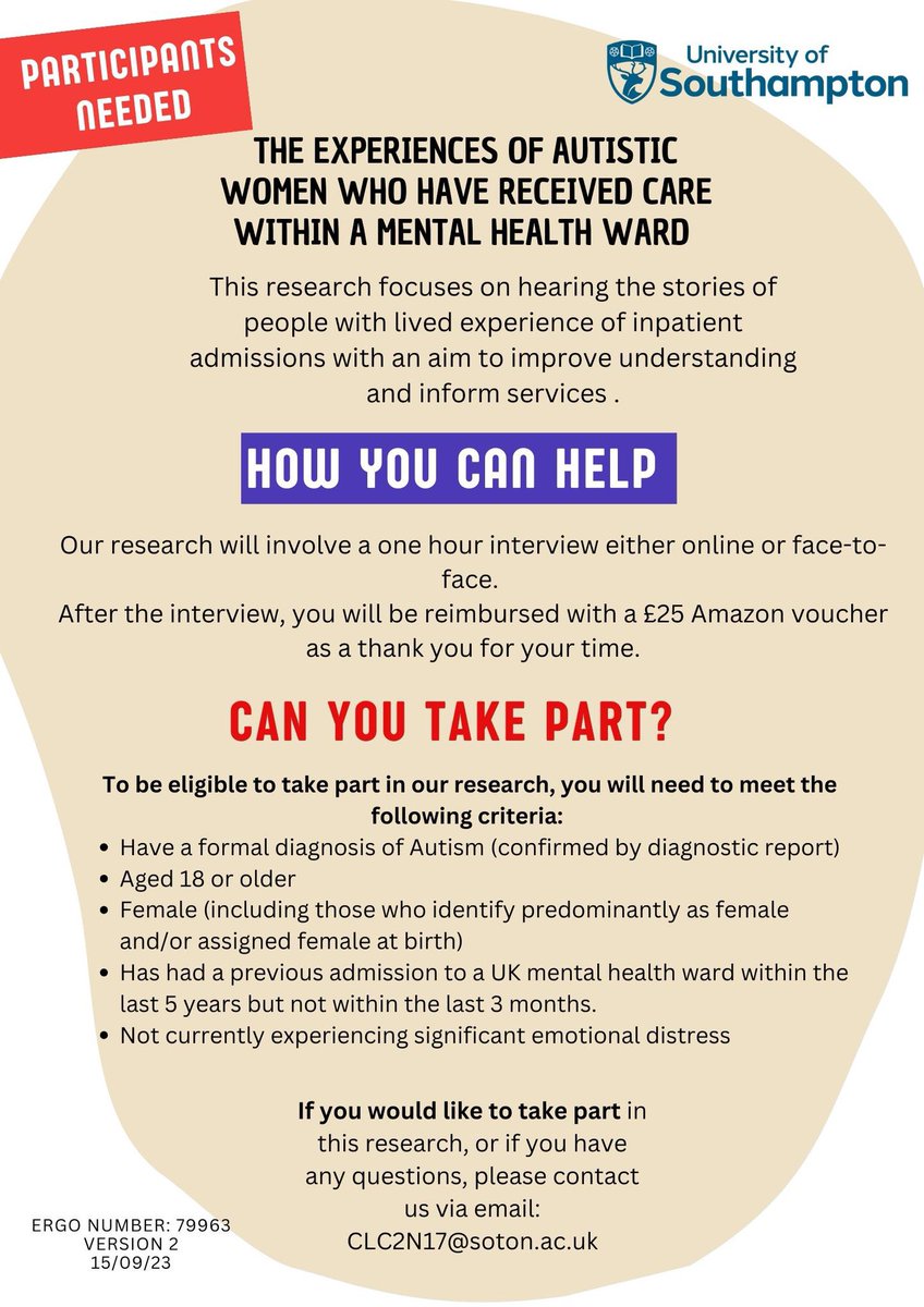 I am hoping to speak to some more autistic women about their experiences within a mental health ward. Please let me know if you would be interested in taking part or if you have any questions! Clc2n17@soton.ac.uk