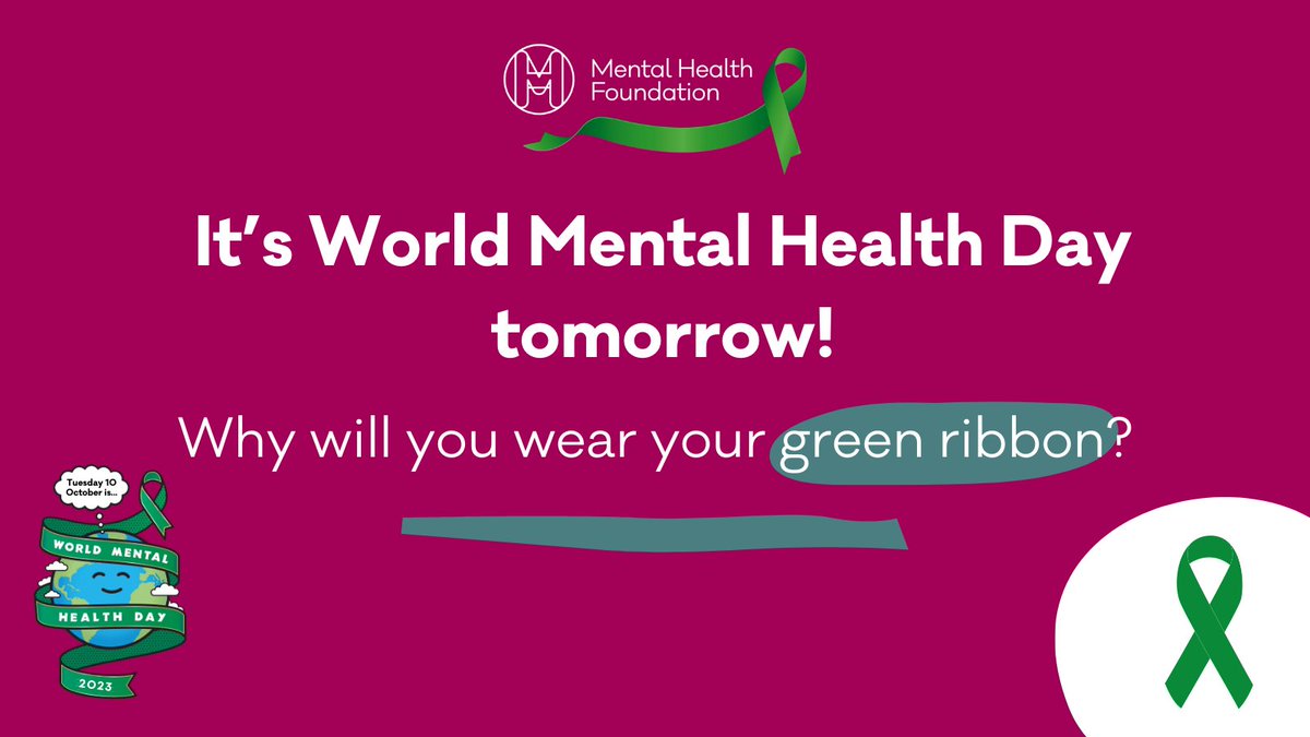 #WorldMentalHealthDay is tomorrow! 🌍💚

People all over the UK will be wearing a green ribbon pin to show others that they're not alone, and to start a conversation about mental health.

Why will you wear yours? 💚
#WMHD #WMHD23