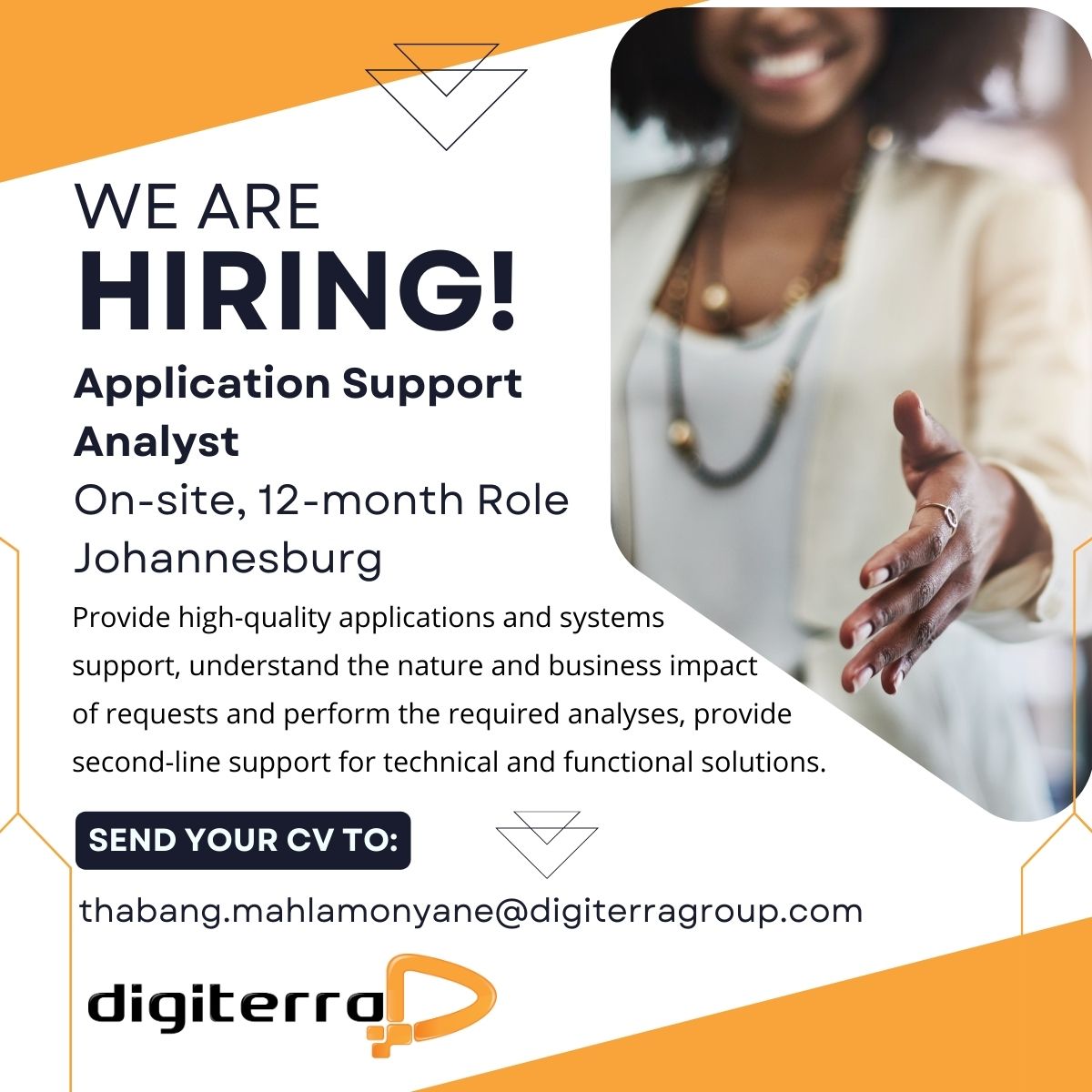 Our spotlight job of the week! 
Application Support Analyst
Location: Johannesburg, On-site 
Duration: 12-month contract
Send your CV to: thabang.mahlamonyane@digiterragroup.com