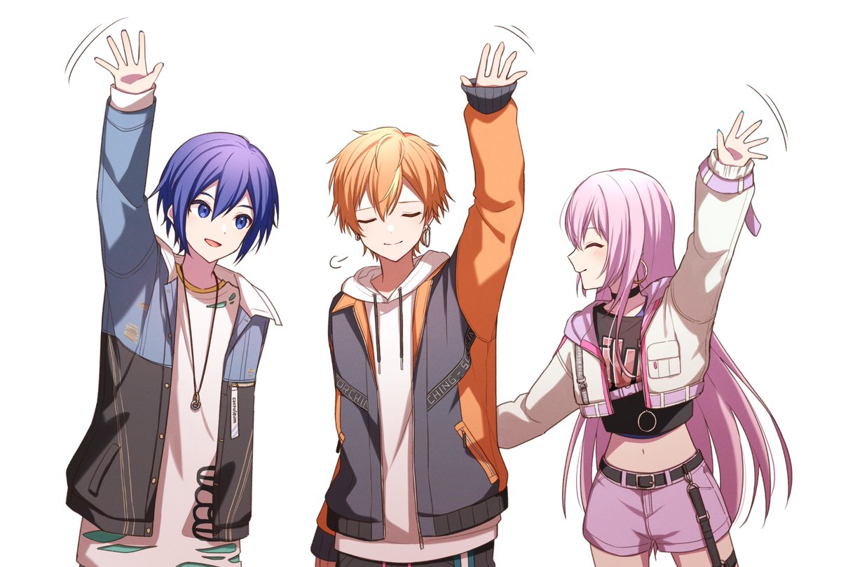 kaito (vocaloid) 1girl 2boys pink hair multiple boys jacket orange hair closed eyes  illustration images