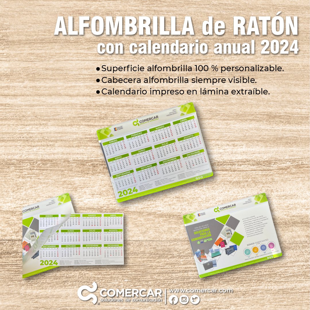 ComercarSC's tweet image. Práctica #Alfombrilla con #calendario anual 2024 impreso en lámina extraíble
#Comercar #SomosFabricantes #Comunicación #Marketing #Diseño #RegaloPromocional #Merchandising #Eventos #ImpresiónDigital #Serigrafía #AlfombrillaDeRatón #Calendario2024
#IFEMA #Aimfap #Promogift #Cprint