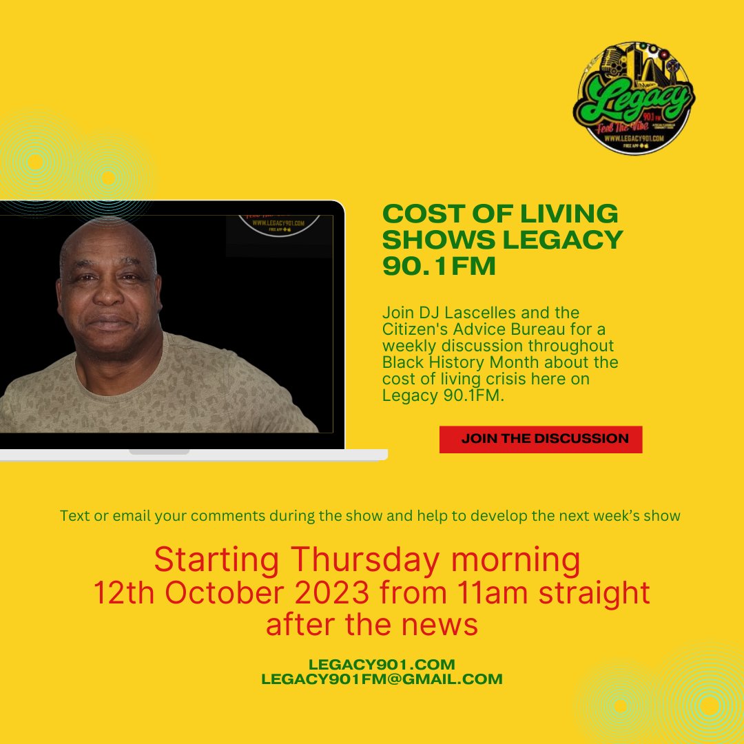 Legacy901FM's tweet image. Tune in to DJ Lascelles cost of living interview with  Citizen&apos;s Advice this Thursday morning 11am-12.

Get some free info to help you cope better during this difficult time 💷💡🥫🤗

#citizensadvicemcr #CostOfLivingSupport #djlascelles