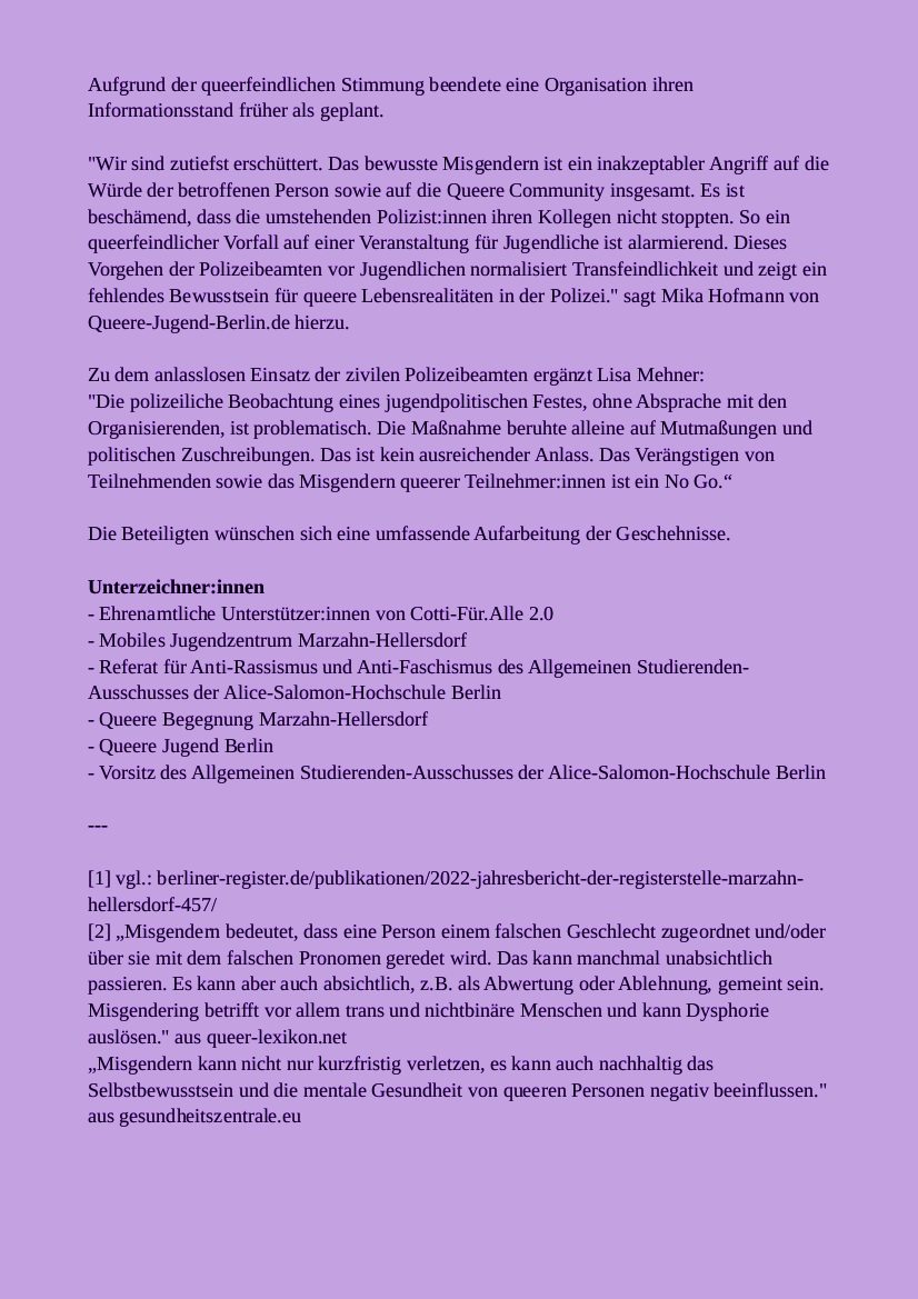AStA_ASH_Berlin's tweet photo. 🧵 (1/4) Thread:
Fragwürdiger Polizeieinsatz - Queerfeindliche Vorfälle bei jugendpolitischer Veranstaltung in #Marzahn-#Hellersdorf

Am 08. September 2023 fand die jugendpolitische Veranstaltung "Cotti.Für.Alle 2.0" in der Carola-Neher-Straße in Hellersdorf statt.

#b0809 #b0910 https://t.co/W1F35pzUlU