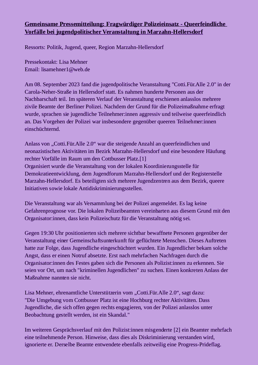 AStA_ASH_Berlin's tweet photo. 🧵 (1/4) Thread:
Fragwürdiger Polizeieinsatz - Queerfeindliche Vorfälle bei jugendpolitischer Veranstaltung in #Marzahn-#Hellersdorf

Am 08. September 2023 fand die jugendpolitische Veranstaltung "Cotti.Für.Alle 2.0" in der Carola-Neher-Straße in Hellersdorf statt.

#b0809 #b0910 https://t.co/W1F35pzUlU
