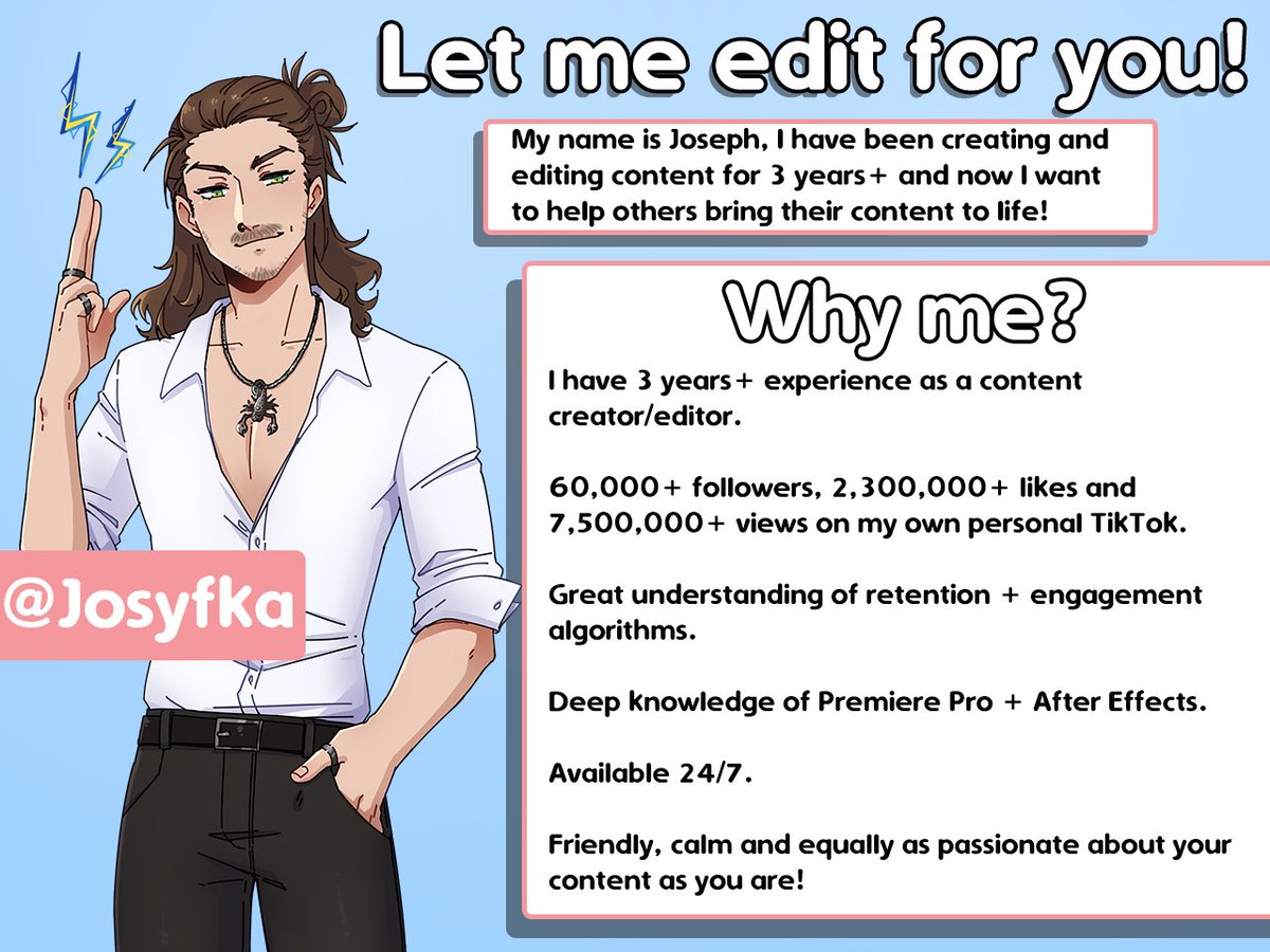 ALLOO! 🤠

I have a bit more time on my hands at the moment so I'd like to open some commissions for editing! 

If you're a content creator/streamer looking to diversify your content onto other platforms and grow your audience then HMU!

Vouches appreciated <3