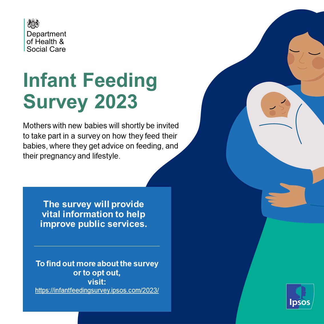 The infant feeding survey will ask mothers with new babies: ➡️ how they feed their babies ➡️ where they get advice on feeding ➡️ questions on their pregnancy and lifestyle You will get a letter if you are invited to take part. Find out more or opt out: infantfeedingsurvey.ipsos.com/2023/