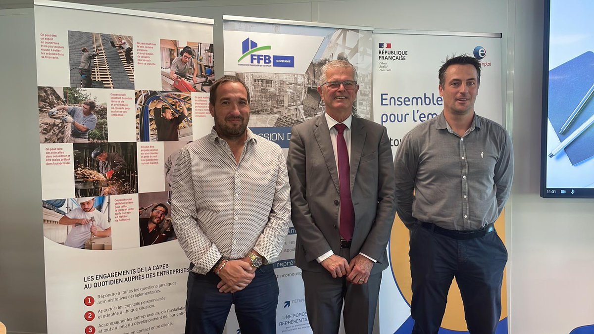 3 ans après la signature de la convention, la <a href="/FFB_Occitanie/">FFB Occitanie</a>, la <a href="/OccitanieCapeb/">CAPEB Occitanie</a> et Pôle emploi Occitanie, poursuivent leurs engagements pour favoriser l’#emploi dans le #bâtiment.
#recrutement #formation. 
Avec <a href="/OlivierCoulom/">Olivier Coulom</a> <a href="/ccarol_emploi/">Christophe Carol</a> et Olivier Bry