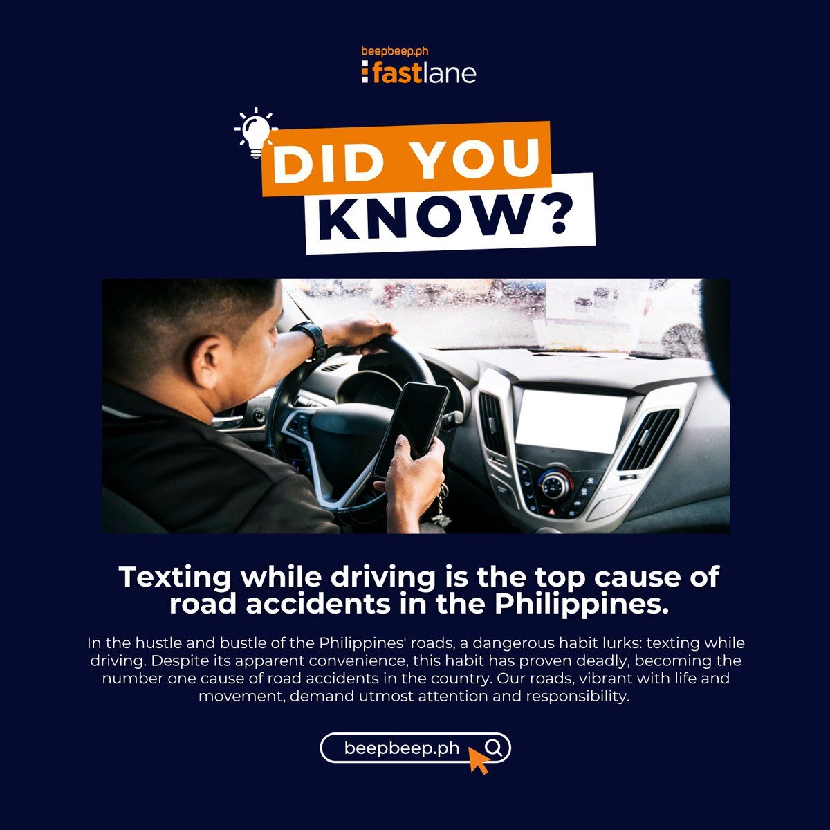 usebeepbeep's tweet image. Stop the danger! Texting while driving is the top cause of road accidents in the Philippines. Stay safe and focused on the road. Book beepbeep.ph &apos;s Driver-On-Demand to get you where you need to go responsibly.

#FastLane #DriverOnDemand #AutoSan #beepbeepph