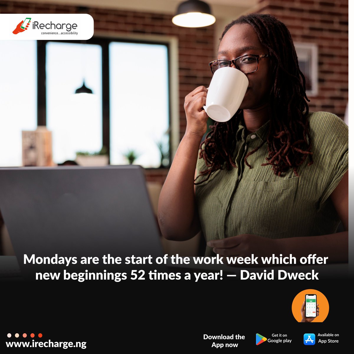 iRechargeNG's tweet photo. Embrace the new week with the power of convenience and efficiency. Let's make it a week of seamless transactions and endless possibilities. Happy charging, dear customers! #NewWeek #iRecharge #OneBankTransfer #EasyBillpayment #LightUpNigeria. https://t.co/1qJO9yl3VO