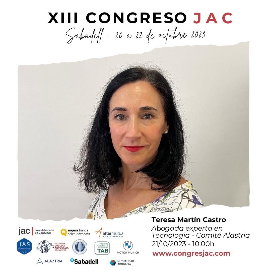 Alastria Blockchain Ecosystem (@alastria_) on Twitter photo Del 20 al 22 de octubre se celebrará el XIII Congreso de <a href="/JoveAdvocacia/">JAC- Jove Advocacia de Catalunya</a> en el que participarán Miguel García <a href="/CastroalonsoLET/">Castroalonso</a> y Teresa Martín <a href="/legal_mavens/">mavens</a> como expertos de #Alastria para debatir sobre el impacto de #blockchain y la #IA en el sector legal.
Info👇 Del 20 al 22 de octubre se celebrará el XIII Congreso de <a href="/JoveAdvocacia/">JAC- Jove Advocacia de Catalunya</a> en el que participarán Miguel García <a href="/CastroalonsoLET/">Castroalonso</a> y Teresa Martín <a href="/legal_mavens/">mavens</a> como expertos de #Alastria para debatir sobre el impacto de #blockchain y la #IA en el sector legal.
Info👇
