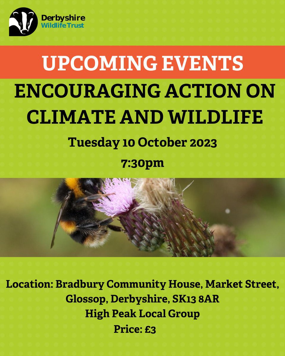 Tomorrow evening @DerbysWildlife are hosting an talk on encouraging action on climate and wildlife in Glossop! @LynnCroweSHU discusses experiences from the Tideswell and District Environment Group for a #WilderFuture 🦡 derbyshirewildlifetrust.org.uk/events/2023-10…