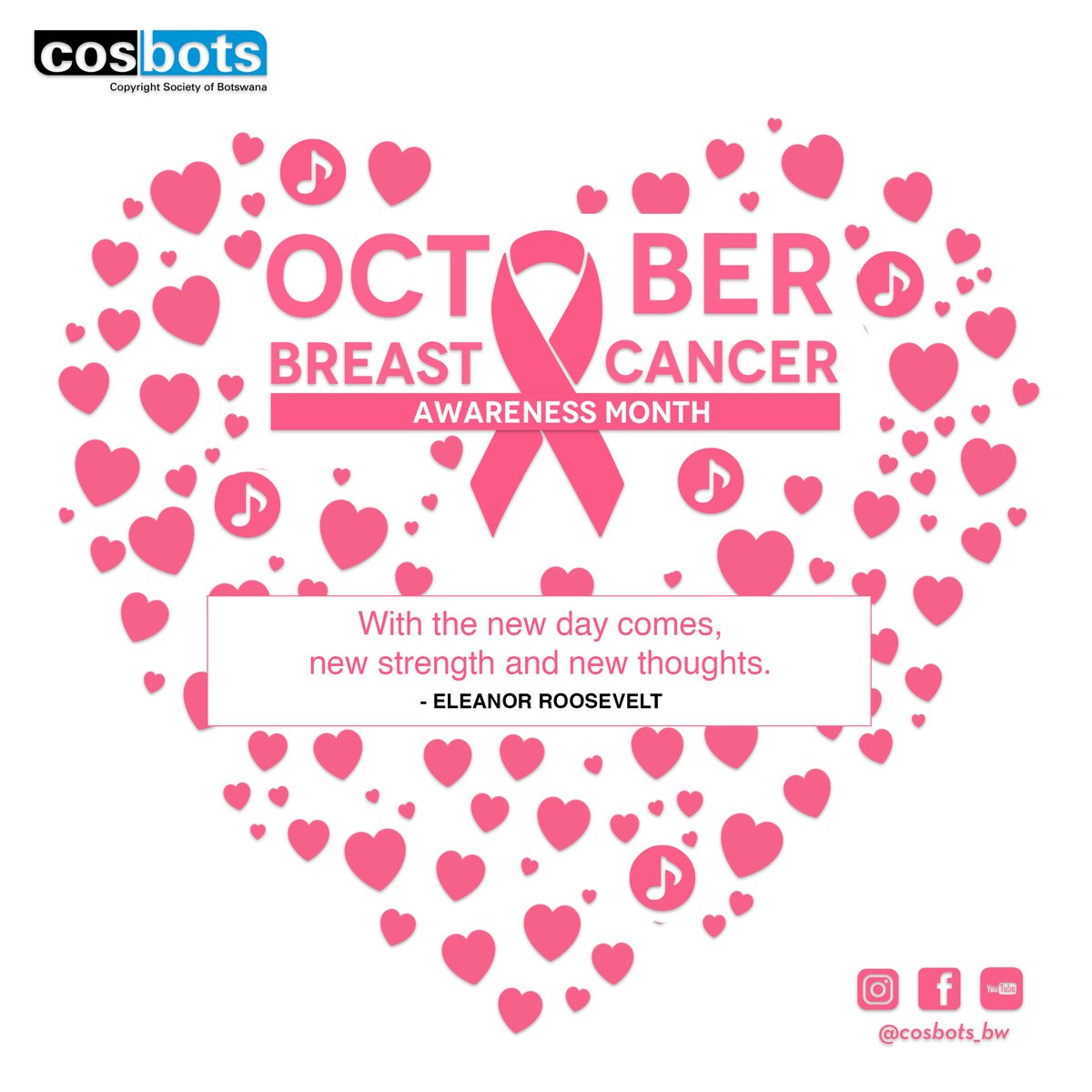 Happy Monday! In the spirit of Breast Cancer Awareness Month, COSBOTS urges it's members, stakeholders and the public at large to get checked, because early detection saves lives. 

#Cosbots
#WeEmpowerCreativity