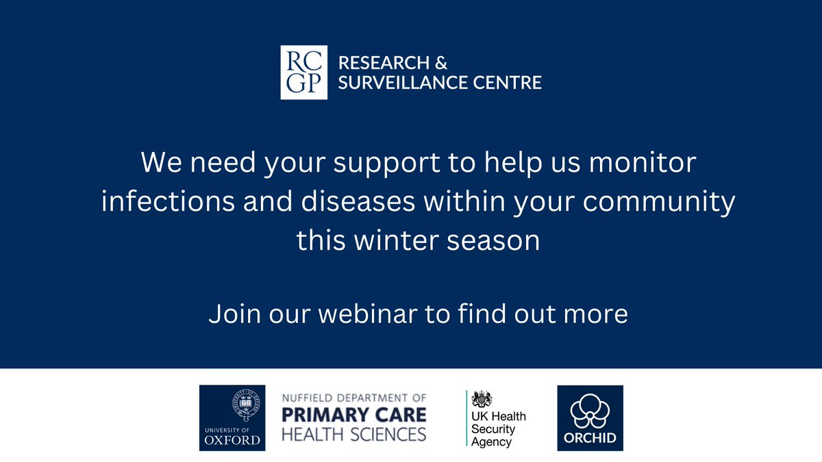 Today at 7pm Oxford-RSCGP Research Surveillance is offering an introduction webinar session on how you can help us monitor disease spread this winter season. Speakers include the Medical Director and our colleagues from the University of Oxford. More ⬇️ rcgp.my.site.com/s/lt-event?id=…