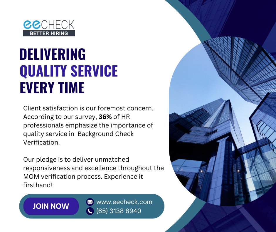 ee_check's tweet photo. Delivering top-tier service every single time! 🌟 36% of HR pros highlight quality in Background Check Verification. Experience excellence with us in the MOM verification process.

#QualityMatters #HRInsights #eeCheckExcellence https://t.co/CZ9kVG9quC