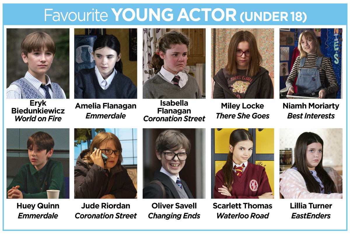 Good luck to all the nominees for FAVOURITE YOUNG ACTOR in the #TVTimesAwards2023 #ErykBiedunkiewicz #AmeliaFlanagan #IsabellaFlanagan #MileyLocke #NiamhMoriarty #HueyQuinn #JudeRiordan #OliverSavell #ScarlettThomas #LiliaTurner Support them here: whattowatch.com/features/tv-ti…