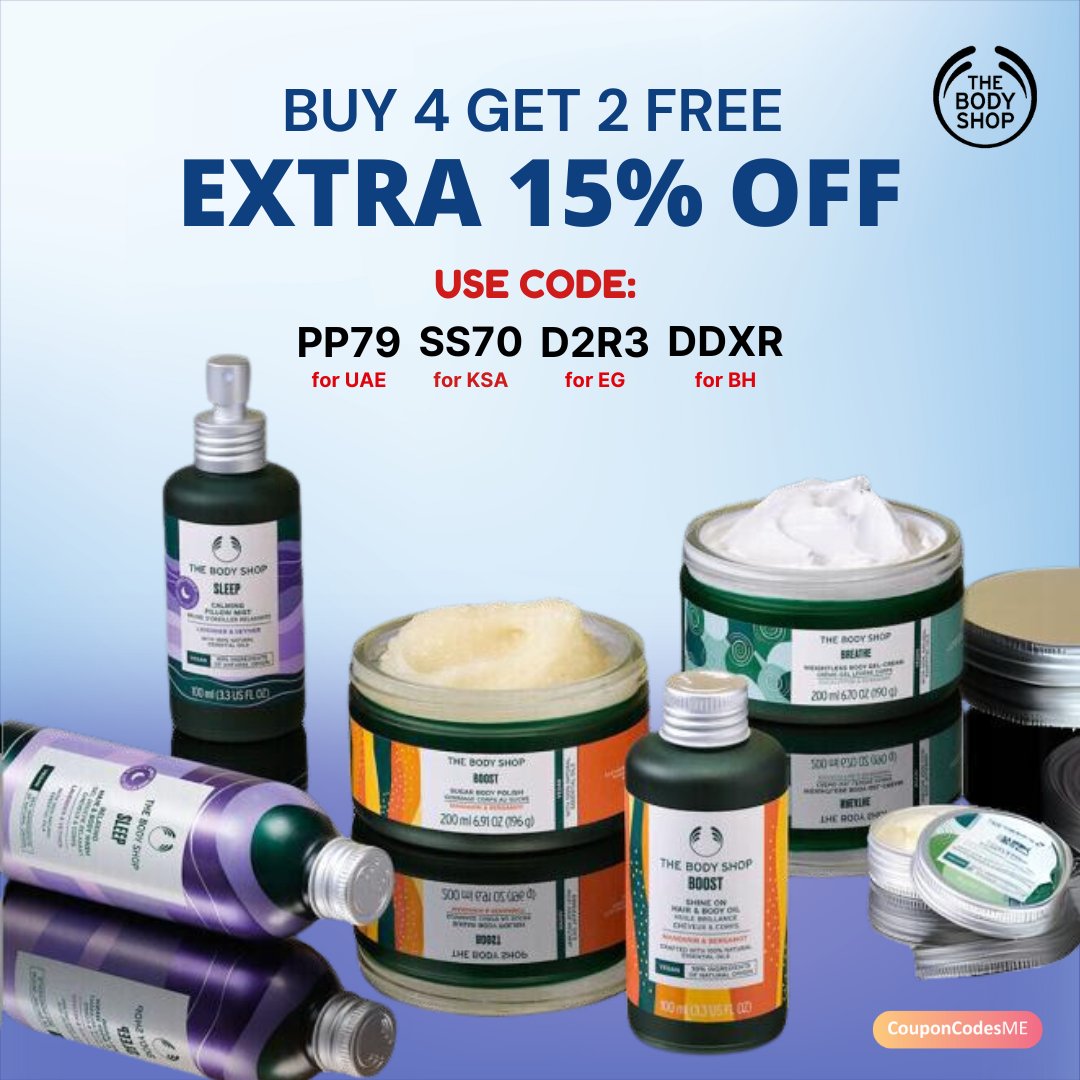 CouponCodes_ME's tweet photo. more for less: enjoy 2 free products when you buy 4 at The Body Shop!
save an extra 15% off via code.
.
.
.
#thebodyshop #thebodyshopcoupon #thebodyshopuaecoupon #thebodyshopksacoupons #thebodyshopegypt #thebodyshopbahrain #skincare #fragrance #bodycare #selfcare https://t.co/RiiuBdvTfY