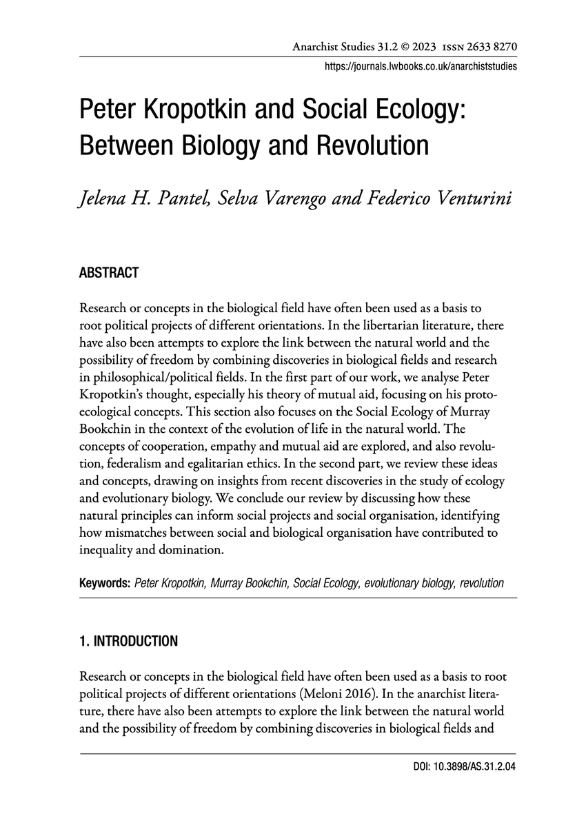 🚨 New article alert! 🚀 

Peter Kropotkin and Social Ecology: Between Biology and Revolution
Coauthored with @Jhpantel and Selva Varengo

#Kropotkin #Bookchin #SocialEcology #evolutionarybiology #revolution #socialchange
