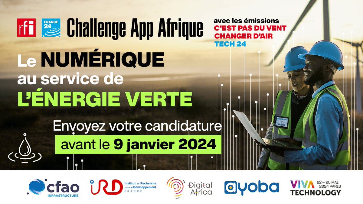 Les candidatures sont ouvertes ! 🏁 💡Le challenge App Afrique lance sa 8e édition sur la thématique du « Numérique au service de l’énergie verte »🌍 Pour soumettre votre projet, inscrivez vous sur appafrique.rfi.fr, rubrique « Participer »