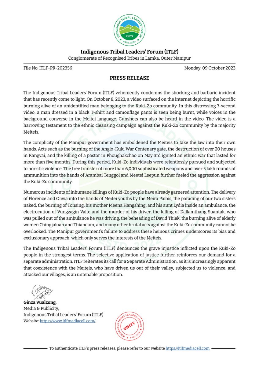 Press release from @ITLFMedia_Cell .

#ManipurViolence 
#MeiteiAtrocities 
#MeiteiWarCrimes 
#KukiZoLivesMatters