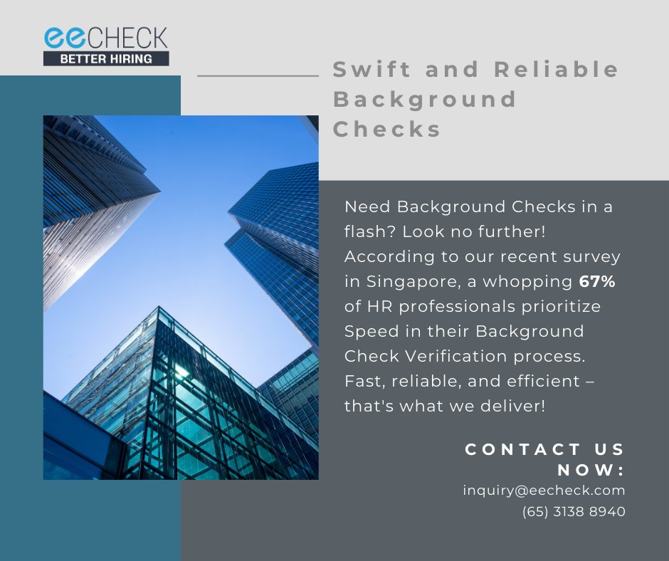 ee_check's tweet photo. ⚡ Looking for swift Background Checks? 67% of Singapore's HR pros prioritize speed. We deliver just that – fast, reliable, efficient.
#SwiftChecks #SingaporeHR #EfficientHiring https://t.co/NxJbsP3Qo1