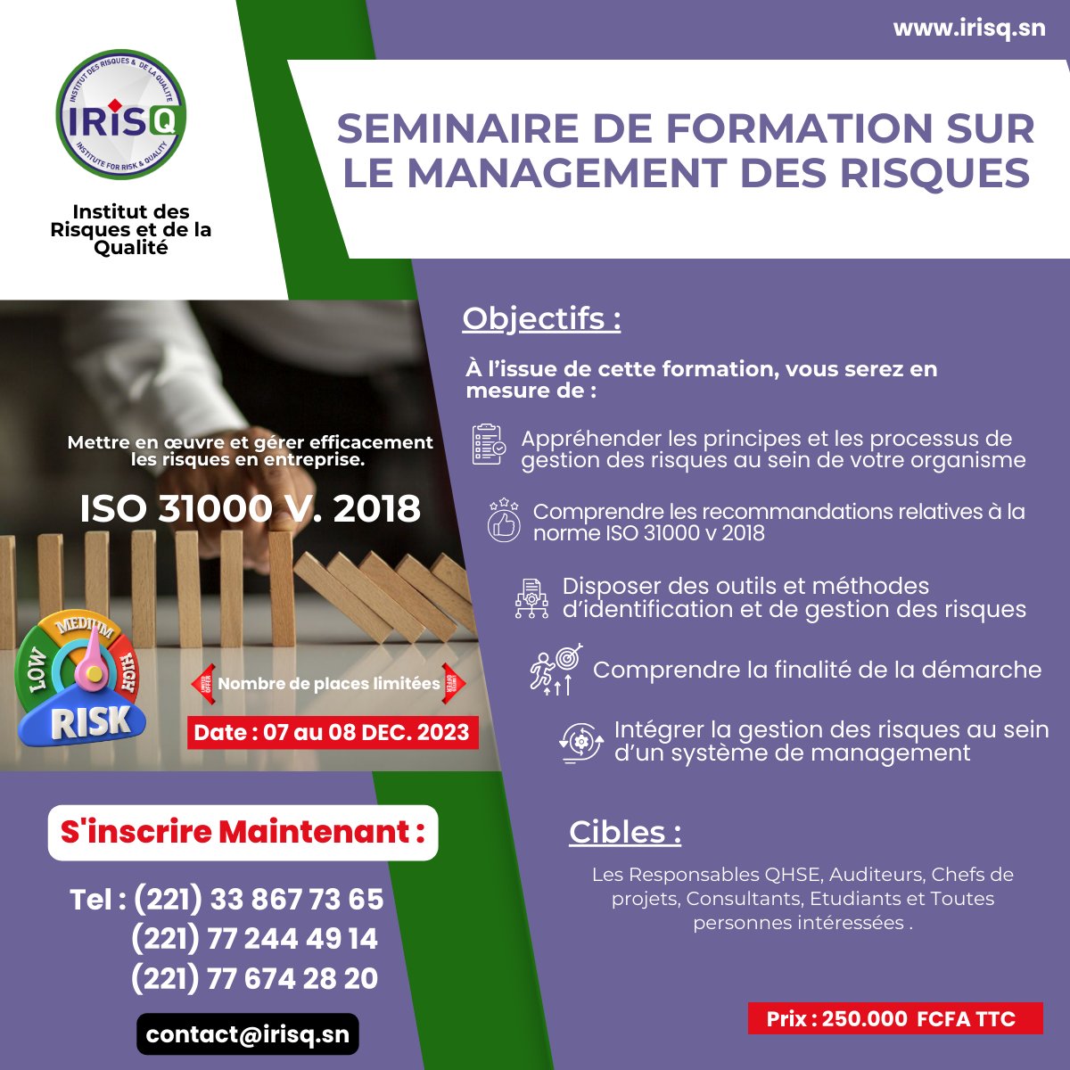 irisq_qhse's tweet photo. 🚀 Séminaire de Formation sur le Management des Risques 🚀

📅 Date :  06 au 08 Décembre 2023. 

Lien d'inscription ( https://t.co/fxBTWWbUdh )  ou https://t.co/0DBpfcRyff.

#irisq #spm #GestionDesRisques #Formation #ISO31000 #Séminaire #qmp #riskmanager #risquesprofessionnels https://t.co/W1A0lwEGcB
