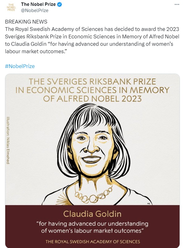 #SverigesRiksbank Prize in #EconomicSciences in Memory of Alfred Nobel 2023 awarded to Claudia Goldin 'for having advanced our understanding of women’s labour market outcomes.'