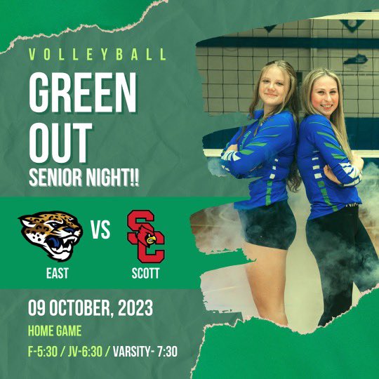 EJHSstudent's tweet photo. 🚨🏐SENIOR NIGHT🏐🚨
Come support our senior Lady Jags tonight at home as they take on the Scott Co. Cardinals
First game starts at 5:30
🟢GREEN OUT🟢 https://t.co/NCu0w73U6k