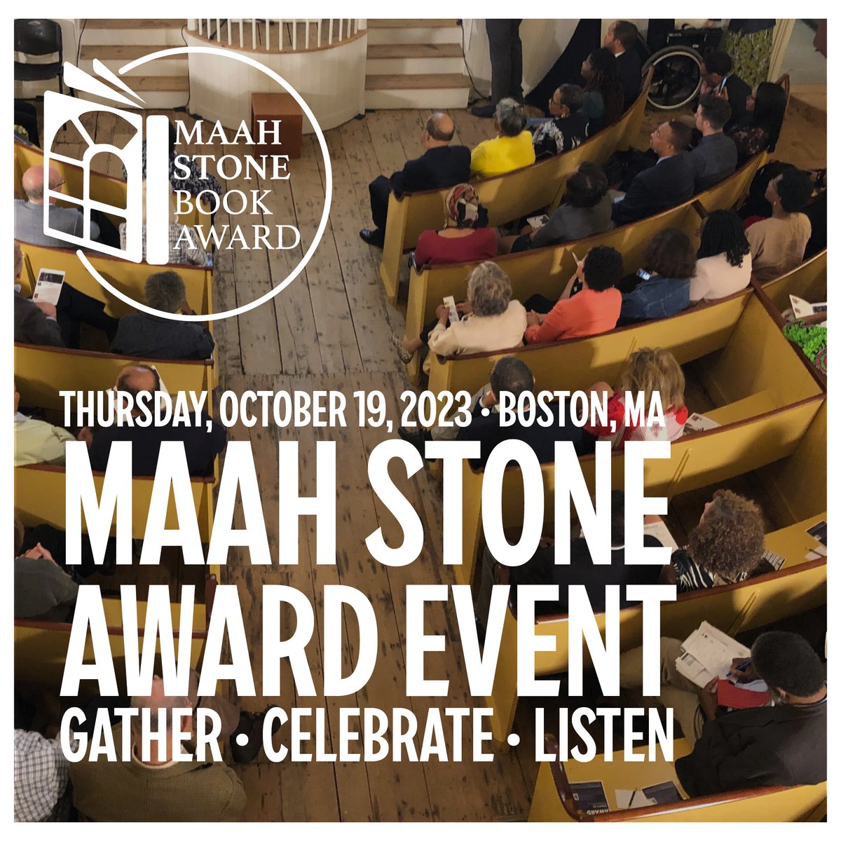 LISTEN. The 2023 MAAH Stone Book Award Event will be IN-PERSON on October 19th at the African Meeting House, Boston, MA. Register today! Reception @ 5:30pm/Awards presentation (also live-streamed) at 6:30pm (ET). Be here! bit.ly/maahstone23 <a href="/maahmuseum/">Museum of African American History</a> #MAAHStone2023