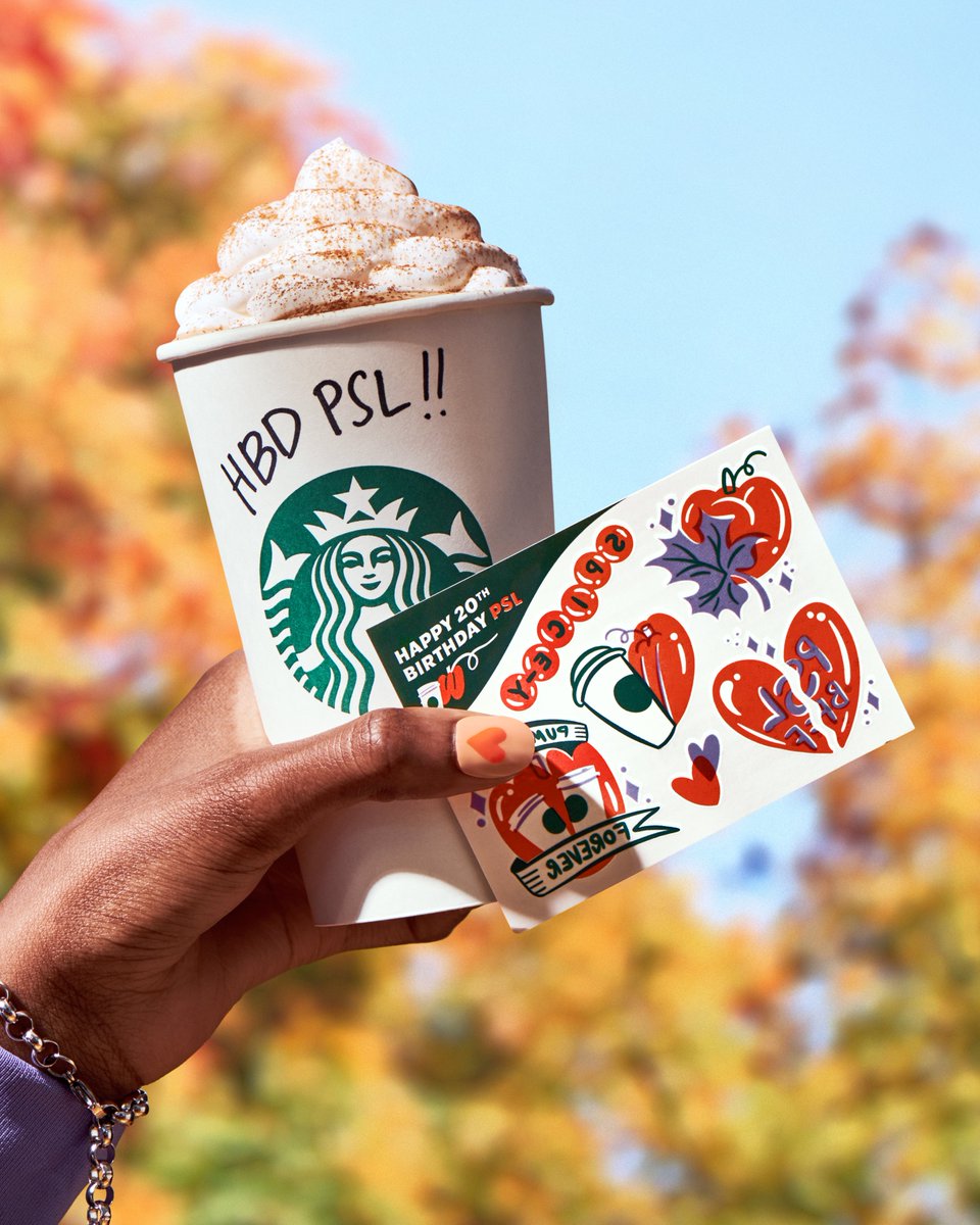 Twenty years ago, our PSL brought fall to all. 🧡 Celebrate with us tomorrow, 10/10, and get a free sheet of our temporary tattoos full of pumpkin love with any purchase of a Pumpkin Spice Latte (hot, iced, blended). At participating stores in U.S. and Canada, while supplies…