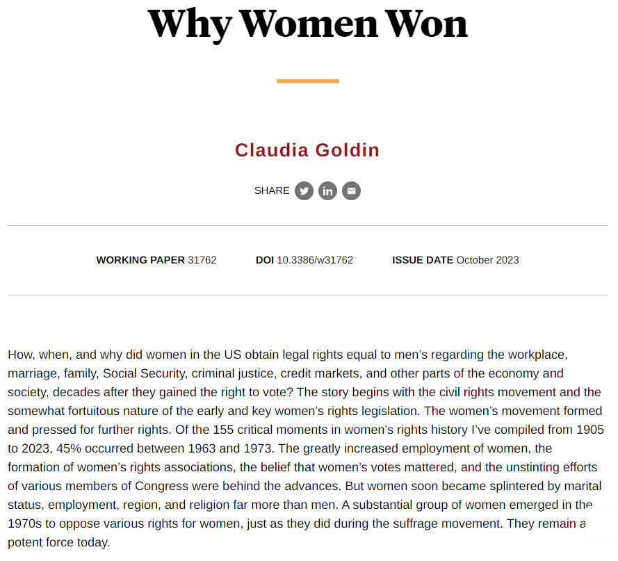 Fun fact: in what is kind of the most excellent coincidence I have ever seen, today's economics laureate @PikaGoldin has a new @nberpubs working paper out this morning called 'Why Women Won.' (This really presumably is a coincidence because not only is it not possible to…