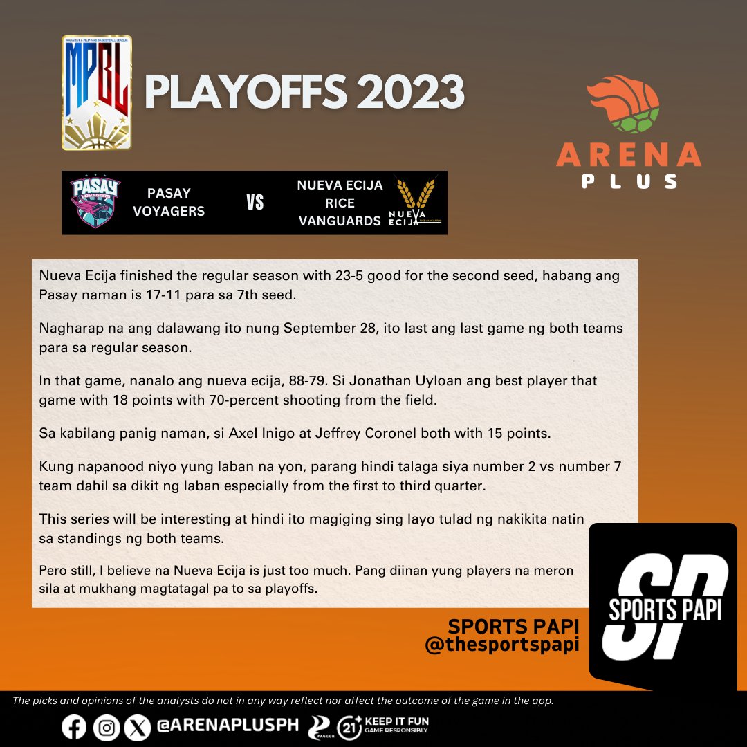 PASAY VOYAGERS VS NUEVA ECIJA RICE VANGUARDS TONIGHT!
Sports Papi gives us his insight for this match
Read on 👀

#AstigSaSports #ArenaPlusPH #MPBL #mpbl2023 #NUEVAECIJA #NUEVAECIJARICEVANGUARDS #PASAY #PASAYVOYAGERS #sportsbets #Sportsbetting #sportsbettingadvice #sportsbet…