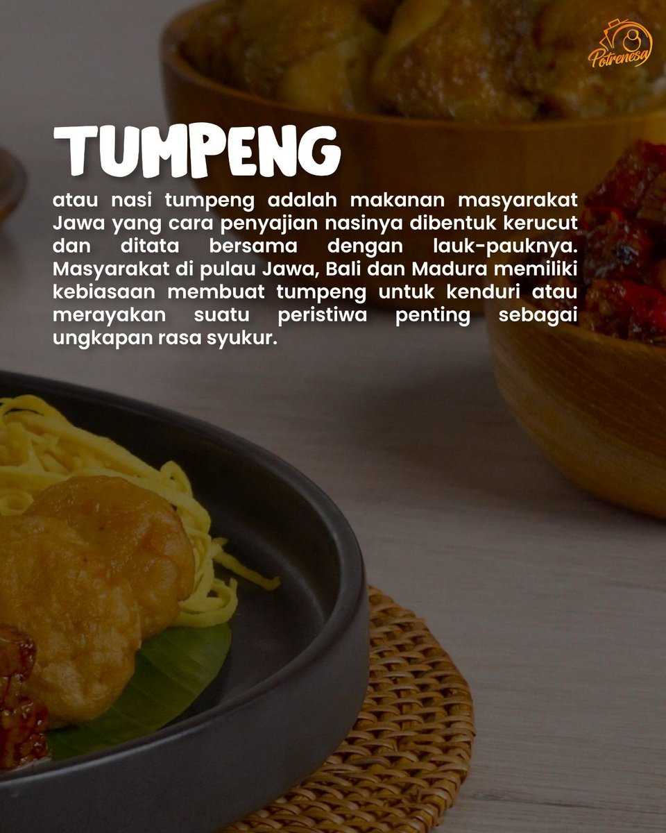 potrenesa's tweet photo. #Tumpeng adlh makanan masyarakat Jawa yg penyajian nasinya dibentuk kerucut &amp; ditata bersama dengan lauk-pauknya. Masyarakat di pulau Jawa, Bali &amp; Madura memiliki kebiasaan membuat tumpeng untuk kenduri/merayakan suatu peristiwa penting sebagai ungkapan rasa syukur

#Potrenesa https://t.co/wsLGZH1XIw