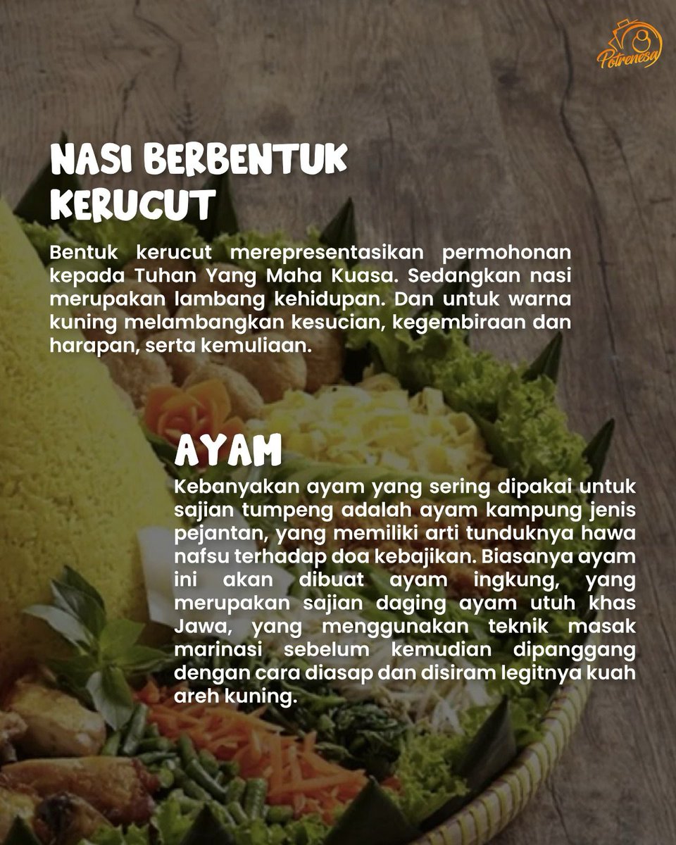 potrenesa's tweet photo. #Tumpeng adlh makanan masyarakat Jawa yg penyajian nasinya dibentuk kerucut &amp; ditata bersama dengan lauk-pauknya. Masyarakat di pulau Jawa, Bali &amp; Madura memiliki kebiasaan membuat tumpeng untuk kenduri/merayakan suatu peristiwa penting sebagai ungkapan rasa syukur

#Potrenesa https://t.co/wsLGZH1XIw