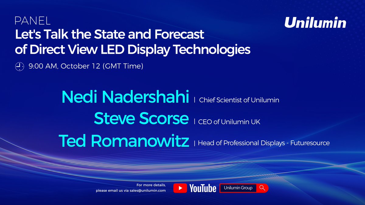 UniluminDisplay's tweet photo. Join Unilumin on YouTube this Thursday to get an in-depth understanding of the development of new display technology, the manufacturing and cost it involves, and the applications. See you on October 12 at 9:00 AM (GMT Time).
https://t.co/9nmnEPynfK
#LED #leddisplay #directviewLED https://t.co/HdYBvjrMpL