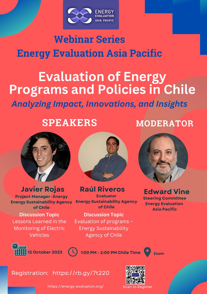📢 Save the Date: Join us for an insightful webinar on "The Evaluation of Energy Programs and Policies in Chile"
📅 Date: October 12, 2023 (Thursday)
🕒 Time: 1:00 PM – 2:00 PM Chile Standard Time (4:00 PM GMT)
📝 Registration is NOW OPEN: lnkd.in/dsv2CNXJ