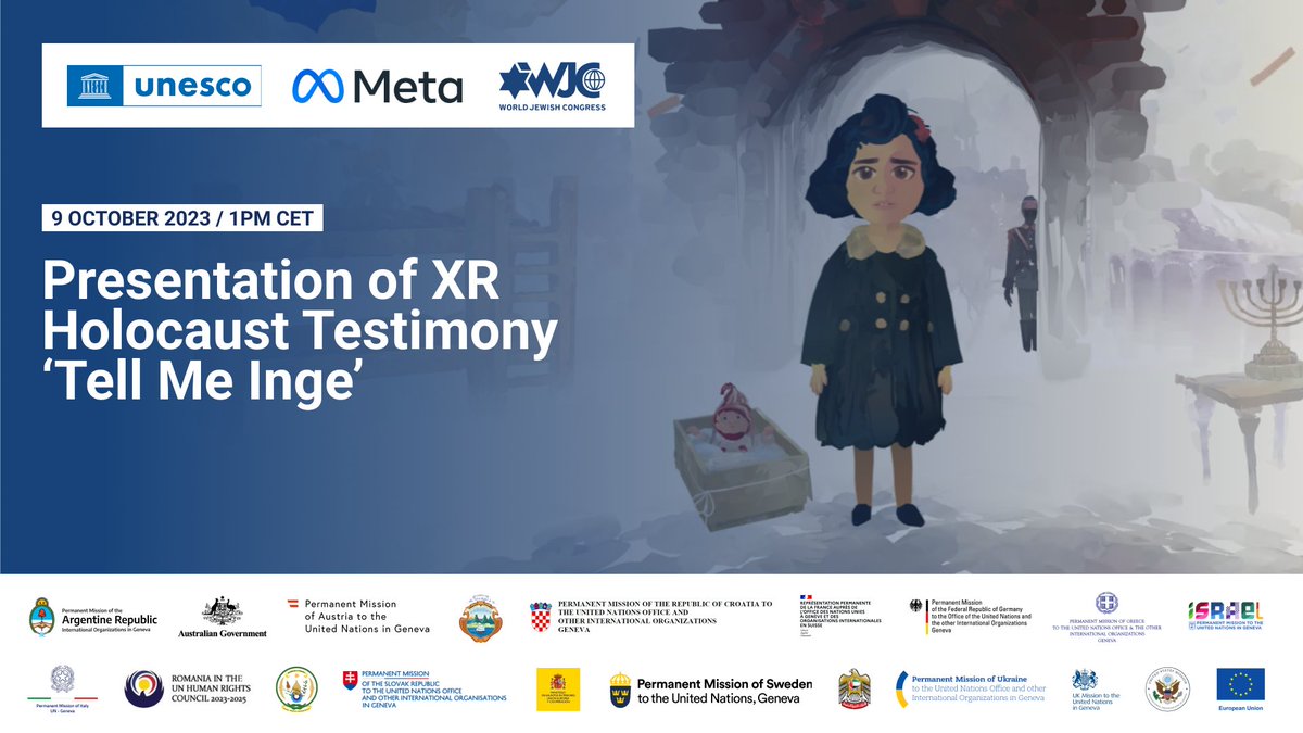 livecasts's tweet photo. Join us today:  

❗Virtual event: Presenting ‘Tell Me Inge...’ - Holocaust Survivor Testimony Through XR 
⏰Start: Today, October 9th, 1PM CET 
🎬 watch live : https://t.co/JqFQjex0FS… 
💼Organiser: @WorldJewishCong https://t.co/O1QCdJib0C