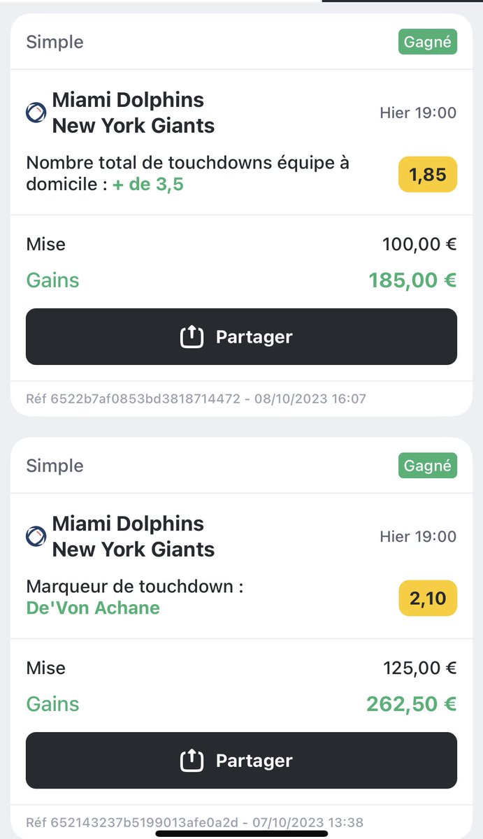 LanimValues's tweet photo. BILAN WEEK-END #NFL   + GP📚

+3.55% 🚀🚀

✅ B. Hall @2.35
✅ S. LaPorta @2.80
✅ B. Robinson @2.05
✅ +3.5TD Miami @1.85
✅ D. Achane @2.10
✅ J. Chase @2
✅ Russell + McLaren T6 @1.92

✍️ Vous voulez des bets pour ce soir ouuu?

RT/❤️ pour le soutient
#TeamParieur #ParionsSport