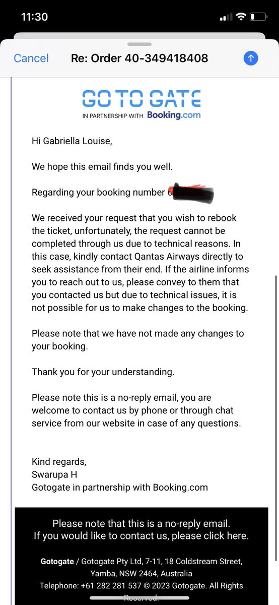 GabiThompsonxo's tweet photo. @bookingcom @Qantas please see the email I have received from booking. Com stating due to a booking system error they are unable to help me. Are you honestly incapable of contacting eachother to help a loyal paying customer out? (3) https://t.co/J5hBO4HJWg