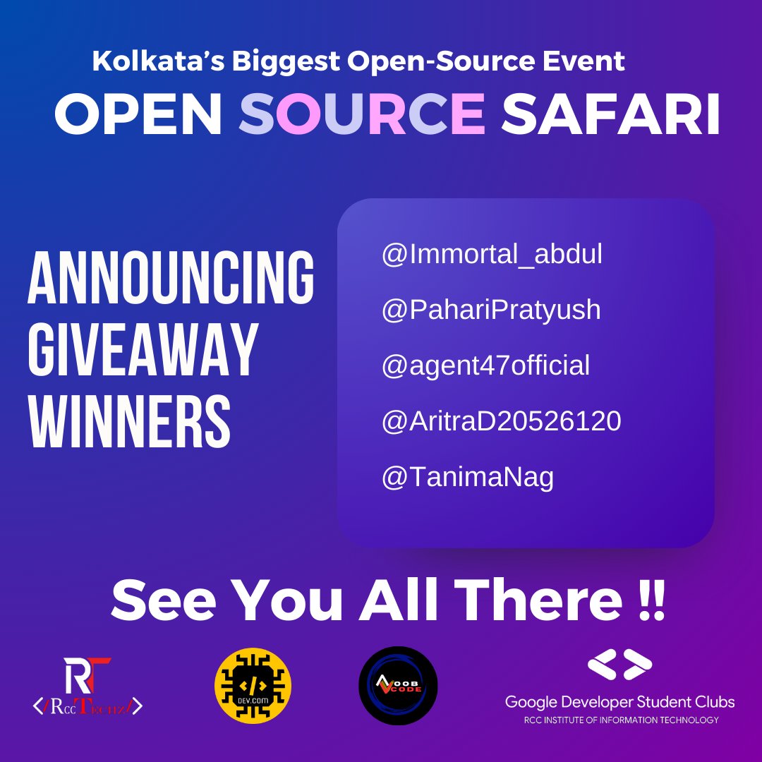 OpSourceSafari's tweet photo. It's time to announce the winners!

Congratulations, legends! 🥳
@Immortal_abdul @PahariPratyush @agent47official  @AritraD20526120 @TanimaNag 

✨ Kindly slide into our DMs with your name and email ID ASAP to claim your passes! 📩

Let's get this open-source party started! https://t.co/kvu7HMnVne