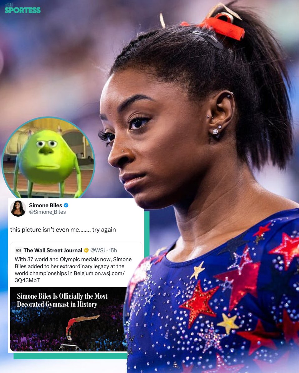 TheSportess's tweet photo. 37 World &amp; Olympic medals and they still can't find a picture of her?? 🫠

Simone Biles is the most decorated gymnast of ALL TIME.

The Wall Street Journal (with 20 million followers) couldn’t double check their post to see that was Shilese Jones.

Please do better. 🙏 https://t.co/JcmISyfTBB