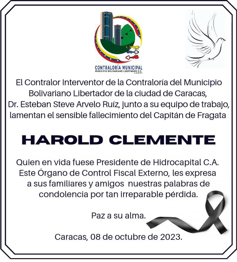 CMBDCLibertador's tweet photo. El Contralor Interventor de la Contraloría del Municipio Bolivariano Libertador de Caracas, Dr. Esteban Steve Arvelo Ruíz junto a su equipo de trabajo lamentan el sensible fallecimiento del CF Harold Clemente, quien en vida fuese Presidente de Hidrocapital, C.A. ¡Paz a su alma! https://t.co/LpWF6uPTfd