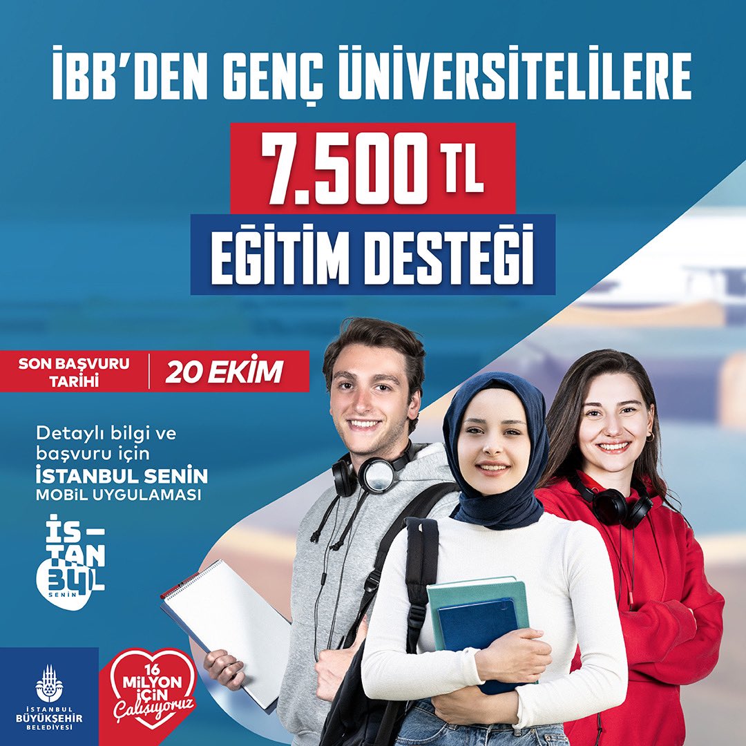 Gençlerin isteğini yerine getiriyor, 75 bin üniversite öğrencisine sağladığımız eğitim desteğini 6 bin TL’den 7.500 TL’ye yükseltiyoruz. 

İstanbul Senin uygulaması ile kolaylıkla başvurabilirsiniz; 

m.istanbulsenin.istanbul/gu