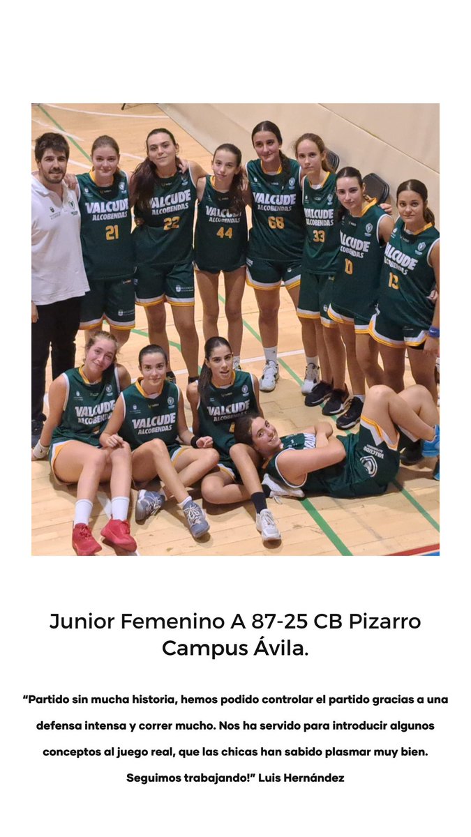 CRÓNICA 

-JUNIOR A FEMENINO-

Valcude 87-25 CB Pizarro Campus Ávila 

#GoValcudeAlcobendas💚