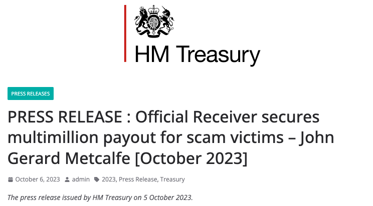 Ian_Fraser's tweet photo. “Scammer [Gerry Metcalfe] was due a large financial compensation award but Official Receiver worked with partners to ensure funds were used to repay his victims.” @hmtreasury press release

https://t.co/qG37GEXMCT https://t.co/b9tIHydb2X