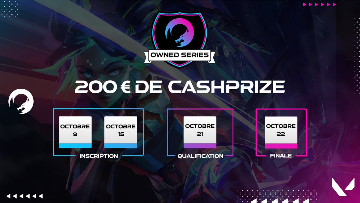 OwnedEsport's tweet photo. 🔥 C'est officiel ! La deuxième édition des #OwnedSeries se déroulera sur Valorant ! 🔥

🎮 Les inscriptions sont ouvertes jusqu'au 15 Octobre. Ne manquez pas votre chance ! 📅

💰 Un CashPrize de 200€ vous attend ! 💰

💻 Inscription : https://t.co/5Z2zXJrhLG

#WeAreOwned 💙💜 https://t.co/oSt7neyPAk