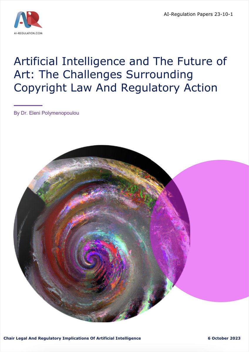 #ArtificialIntelligence &amp; The Future of Art: The Challenges Surrounding Copyright Law
In this 1st of a series of <a href="/AI_Regulation/">Chair Legal & Regulatory Implications #AI</a> papers re #GenerativeAI Prof. E.Polymenopoulou discusses unauthorised use of artists’ works &amp; whether #AI can be an ‘Author’
👉 ai-regulation.com/artificial-int…