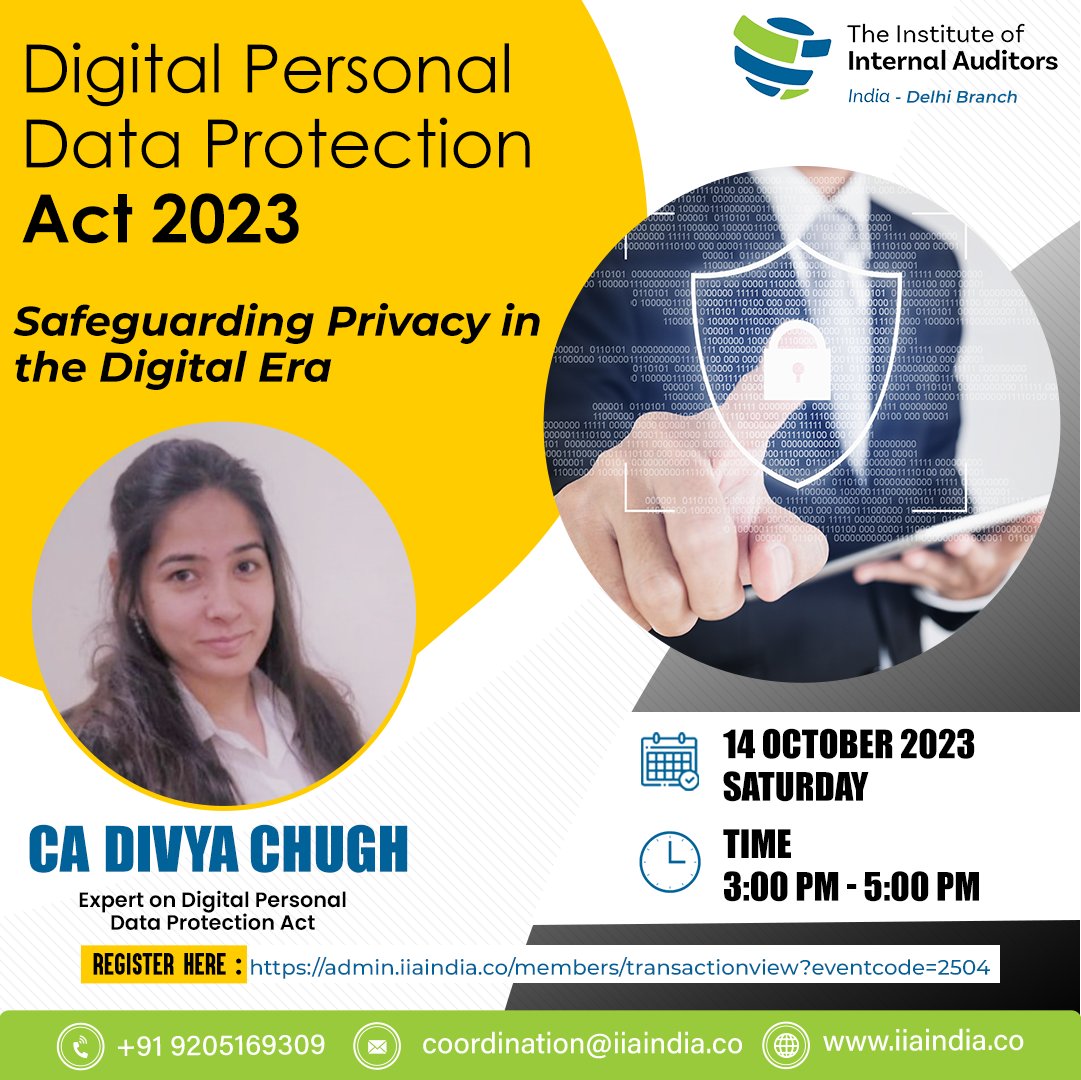 Join us on 𝐒𝐚𝐭𝐮𝐫𝐝𝐚𝐲, 𝟏𝟒𝐭𝐡 𝐎𝐜𝐭𝐨𝐛𝐞𝐫 𝟐𝟎𝟐𝟑, from 𝟑:𝟎𝟎 𝐩𝐦 𝐭𝐨 𝟓:𝟎𝟎 𝐩𝐦
🗣 Our speaker, 𝐂𝐀 𝐃𝐢𝐯𝐲𝐚 𝐂𝐡𝐮𝐠𝐡, an expert on the 𝐃𝐢𝐠𝐢𝐭𝐚𝐥 𝐏𝐞𝐫𝐬𝐨𝐧𝐚𝐥 𝐃𝐚𝐭𝐚 𝐏𝐫𝐨𝐭𝐞𝐜𝐭𝐢𝐨𝐧 𝐀𝐜𝐭.

Register: admin.iiaindia.co/members/transa…

#iiaindia